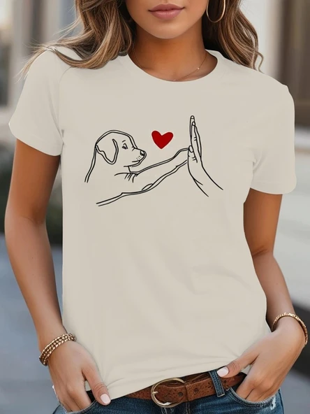 Kadın Kısa Kollu Bisiklet Yaka Köpek Baskılı Viskon Bluz ürün görseli