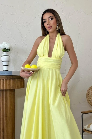 Sarı Askılı Keten Elbise - Resim 3