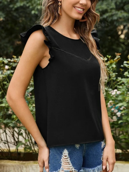 Kadın Yuvarlak Yaka Kolları Fırfırlı Krep Bluz - Resim 2