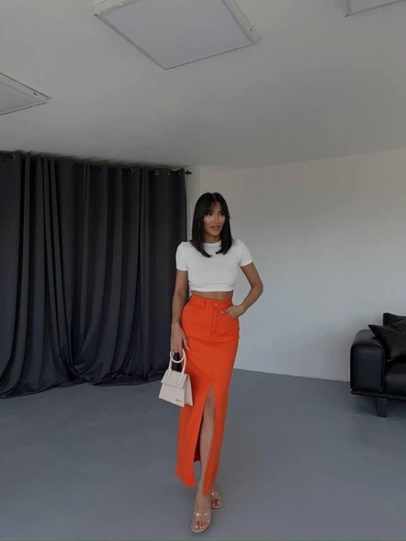 GABARDİN UZUN ÖNDEN YIRTMAÇLI ETEK - Turuncu ürün görseli