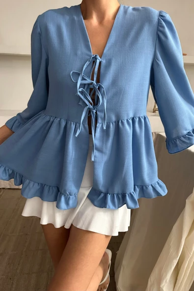 KETEN BLUZ ÖNDEN BAĞLAMALI FIRFIR DETAYLI - Mavi - Resim 2