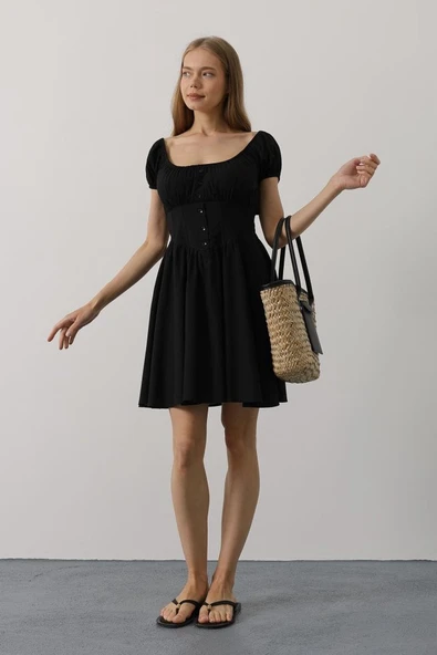 Beli Korseli Mini Elbise - Siyah - 3