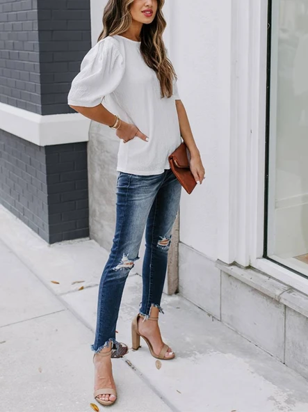 Kadın Kısa Kollu Pileli Balın Kol Bürümcük Bluz - Resim 4