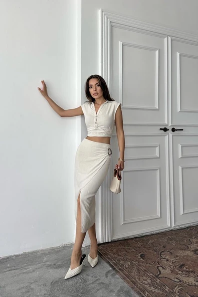 Bej Keten Gömlek Ve Etek Takım - Resim 2