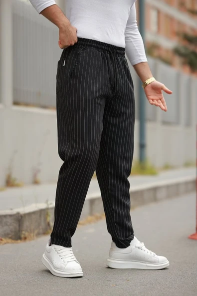 Erkek Beli Bağcıklı çizgili Pantolon - Resim 2