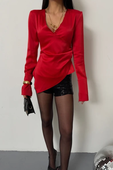 SATEN ANVELOP BLUZ MANŞET KOL - Kırmızı - Resim 2