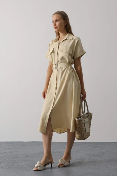 Kuşaklı Cep Detaylı Yarım Kol Elbise - Ekru - Resim 2