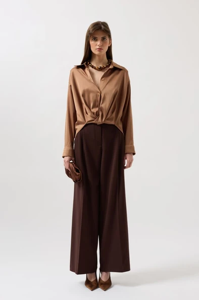 Bel Büzgülü Crop Saten Gömlek - Resim 2