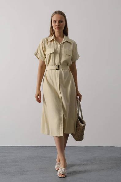 Kuşaklı Cep Detaylı Yarım Kol Elbise - Ekru ürün görseli