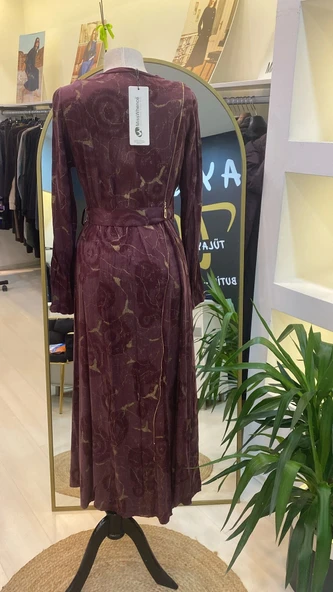 misswhence Fermuarlı Jakarlı Cupro Elbise 36802 bordo - Resim 4