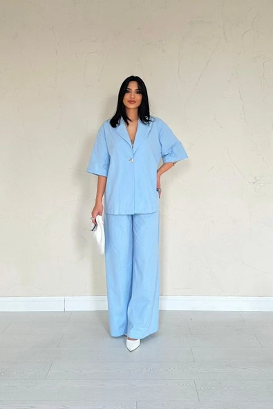 Mavi Önü Tek Düğmeli Ceket Pantolon Takım - Resim 2