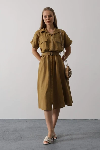 Kuşaklı Cep Detaylı Yarım Kol Elbise - Yağ Yeşili ürün görseli