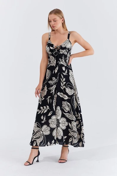 Askılı Viscon Elbise - Siyah - Resim 2