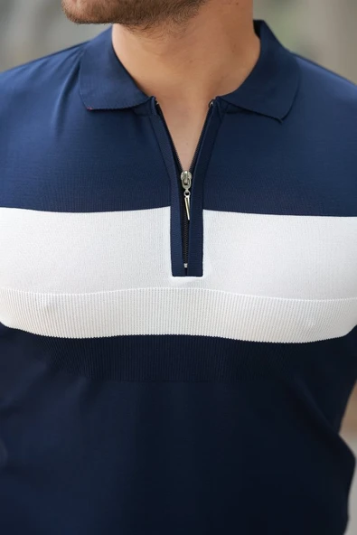 Erkek Fermuar Yakalı şerit Renk Desenli Kısa Kollu Tişört - Resim 3