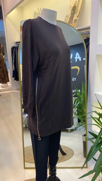 invee fermuar detayli tunik 7047 kahve - Resim 8