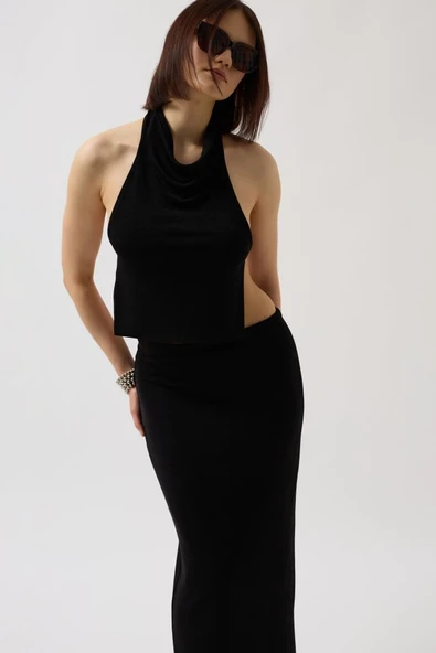 Parlak Kumaş Maxi Etek - Resim 3