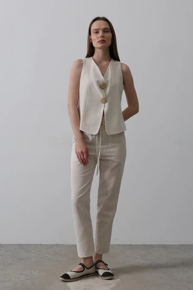 Düğme Detaylı Yelek - Krem - Resim 3