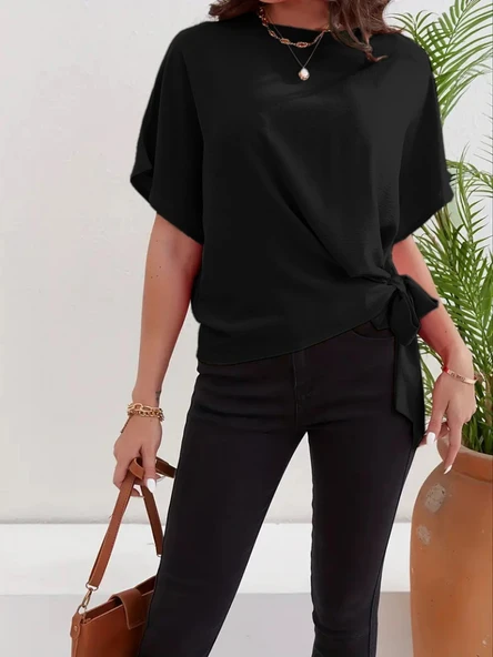 Kadın Kısa Kollu Bisiklet Yaka Yandan Bağlamalı Aerobin Bluz - Resim 2