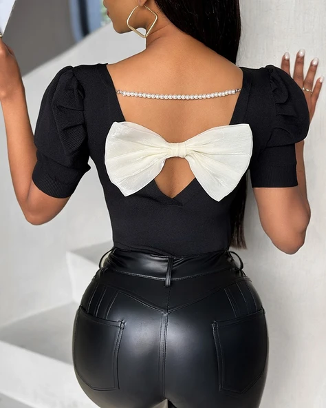 Kadın Kısa Kollu Sırt Inci Ve Kurdela Detay Karpuz Kol Yerli Krep Bluz. 109 Adet Standart Beden Gerisi 3 Beden - Resim 4