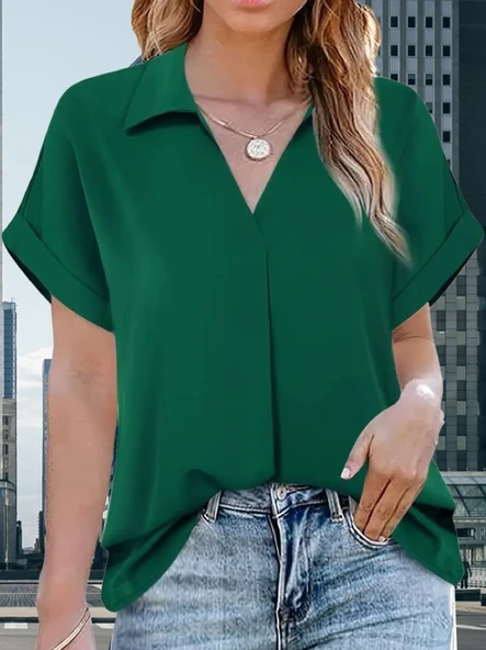 Kadın Kısa Kollu Yakalı Uzun Sandy Bluz - Resim 6