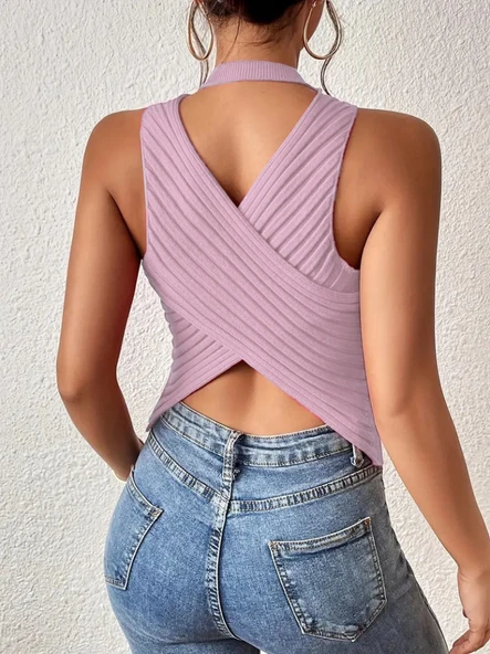 Kadın Kolsuz Sırt çapraz Detay Triko Bluz - Resim 2