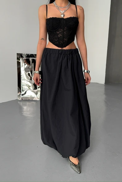 BEL LASTİKLİ BALON ETEK ŞANEL BOY SOFT KUMAŞ - Siyah - Resim 2