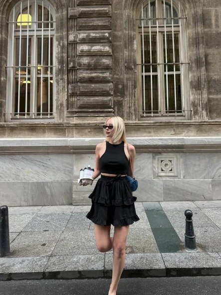 BEL LASTİKLİ KAT FIRFIR DETAYLI KISA ETEK - Siyah - Resim 3