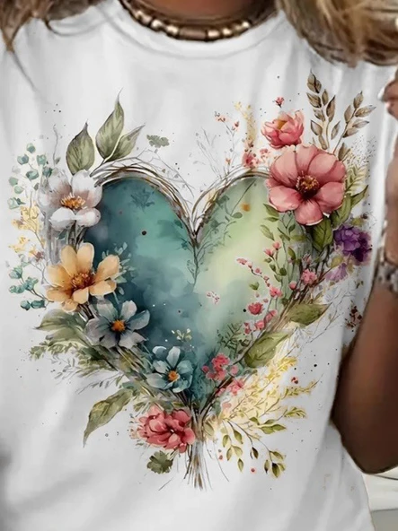 Kadın Kısa Kollu Bisiklet Yaka Kalp Desenli Süprem Bluz - Resim 2