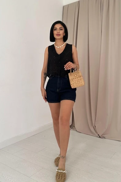 Siyah Sıfır Kol Brode Bluz - Resim 2