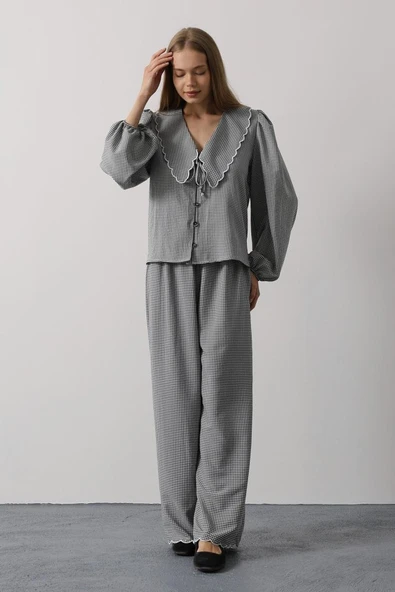 İşlemeli Bebe Yakalı Pantolon Takım - Siyah - Resim 4