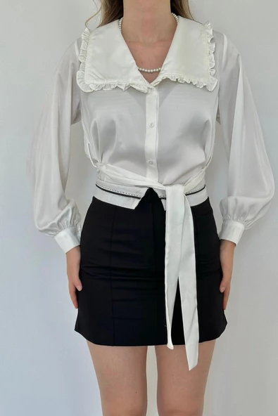 Beyaz Yakası Fırfırlı Kuşaklı Saten Gömlek - Resim 3