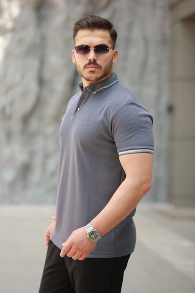 Erkek Düğmeli Yaka Waffle Kumaş Kısa Kollu Tişört - Resim 2