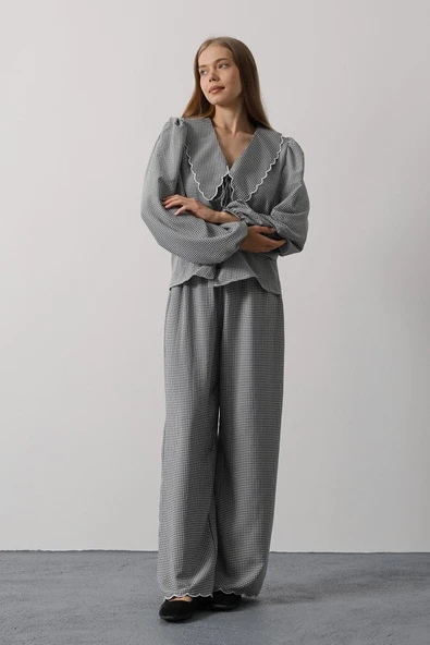 İşlemeli Bebe Yakalı Pantolon Takım - Siyah - Resim 3