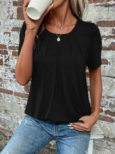 Kadın Kısa Kollu Yuvarlak Yaka önden Pileli Salaş Viskon Bluz - Resim 4