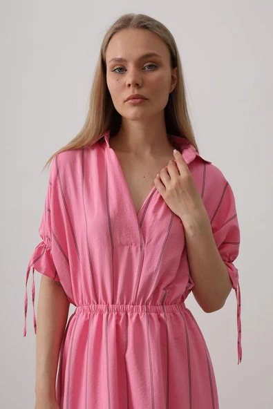 Beli Lastikli Elbise - Pembe - Resim 4