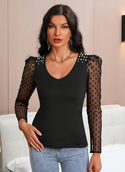 Kadın Uzun Kollu Omuz Inci Kollar Tül Detay Viskon Bluz ürün görseli