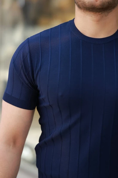 Erkek Kısa Kollu Bisiklet Yaka çizgili Triko Tişört - Resim 3