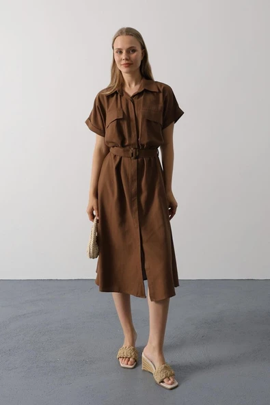 Kuşaklı Cep Detaylı Yarım Kol Elbise - Kahve - Resim 2