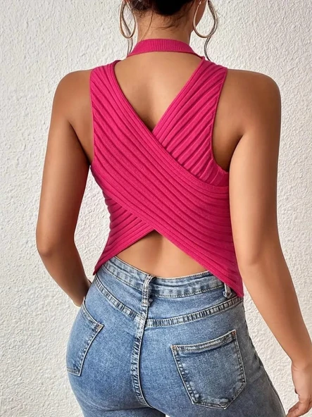 Kadın Sıfır Kol Sırt çapraz Detay Triko Bluz ürün görseli