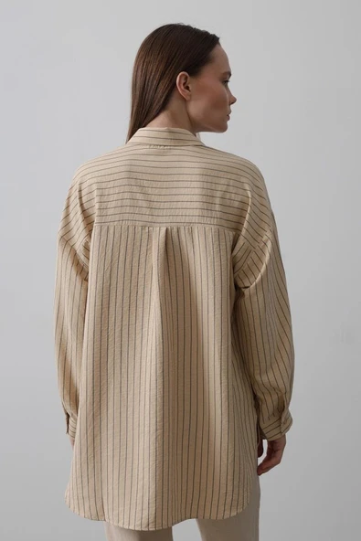 Çizgili Tek Cep Gömlek - Taş - Resim 3