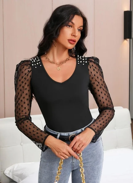 Kadın Uzun Kollu Omuz Inci Kollar Tül Detay Viskon Bluz - Resim 5