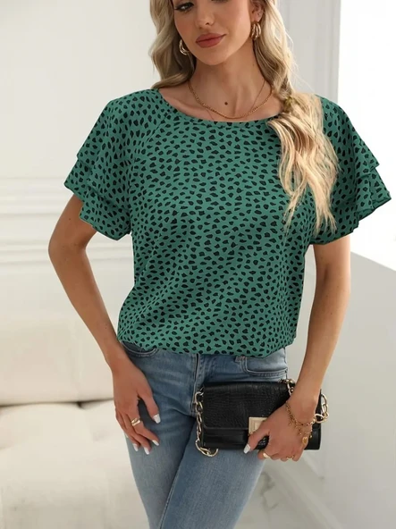 Kadın Kısa Kollu Kolları Volanlı Baskılı Süprem Bluz - Resim 3