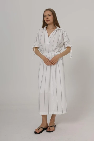 Beli Lastikli Elbise - Beyaz - Resim 3