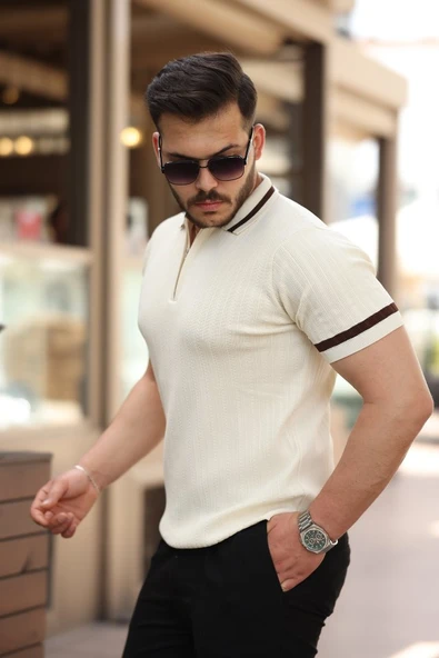 Erkek Yaka Ve Kolları çizgi Detaylı Fermuarlı Kısa Kollu T-shirt - Resim 2