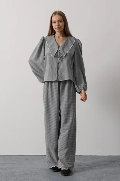 İşlemeli Bebe Yakalı Pantolon Takım - Siyah - Resim 2