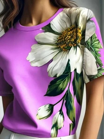 Kadın Kısa Kollu Bisiklet Yaka çiçek Baskılı Süprem Bluz - Resim 2