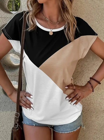 Kadın Bisiklet Yaka üç Renk Viskon T-shirt ürün görseli 1