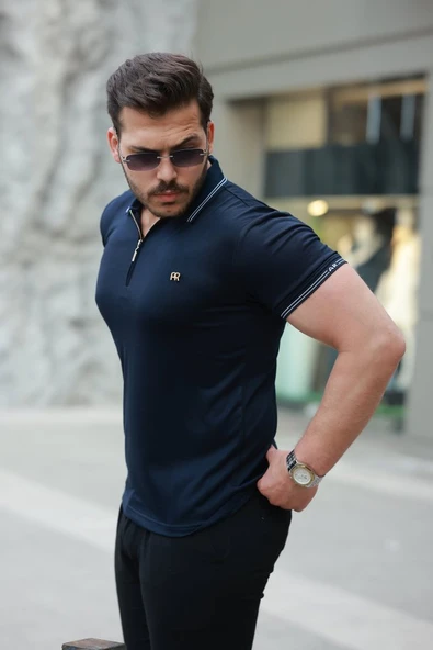 Erkek Yaka Ve Kolları çizgi Detaylı Fermuar Yakalı Kısa Kollu Tişört - Resim 2