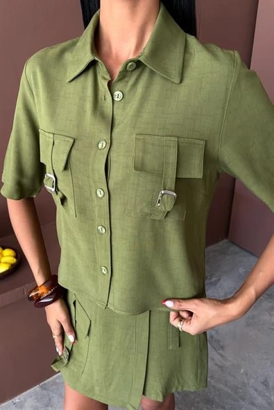 Gömlek Şort Etek Viscon Keten Takım 10162 - 7