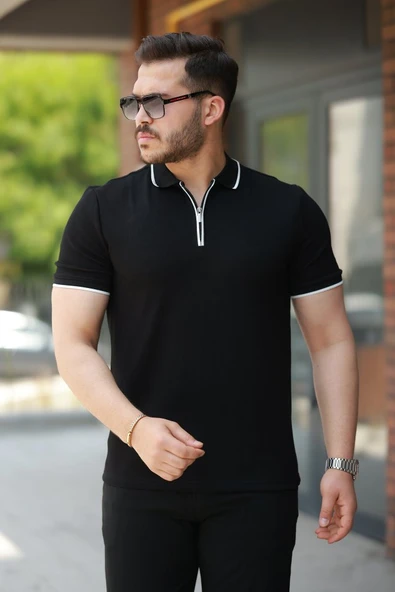 Erkek Fermuar Yakalı çizgi Detaylıkısa Kollu Tişört ürün görseli